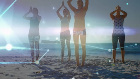 animation of glowing communication network over female friends doing yoga on sunny beach