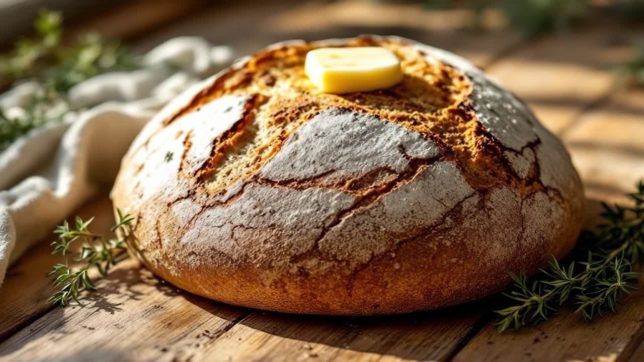 Round loaf of sourdough bread with piece of butter melting on crust, resting on wooden table with sprigs of thyme