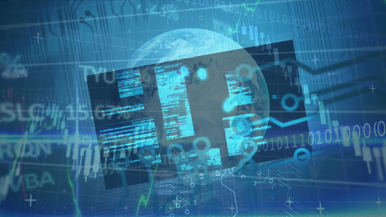 Animation of financial data processing and globe over wind turbine
