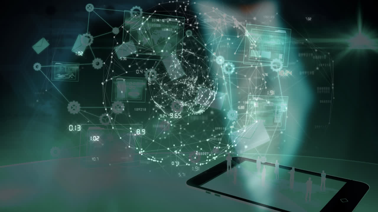 Science Composition Hologram of earth combined with illustration of connecting people