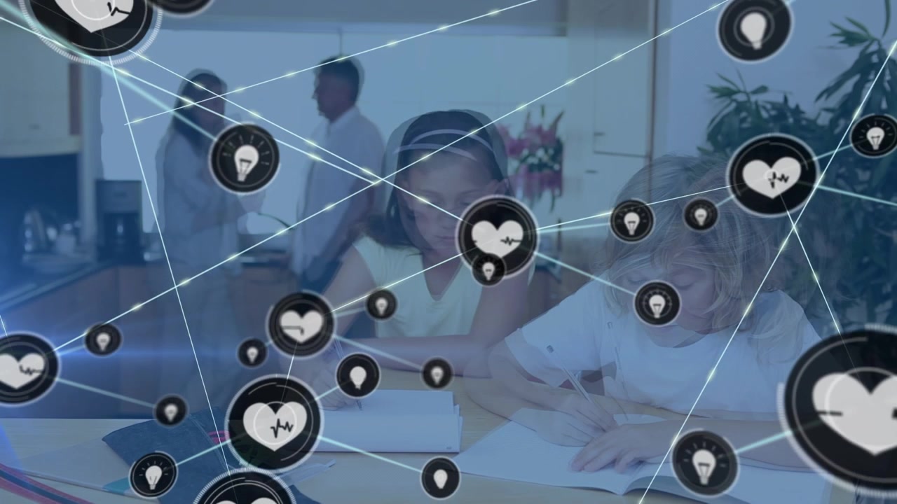 Animazione di una rete di connessioni su fratelli e sorelle caucasici che imparano a casa