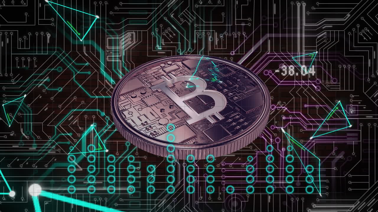 회로판과 비트코인을 통한 금융 데이터 처리 애니메이션
