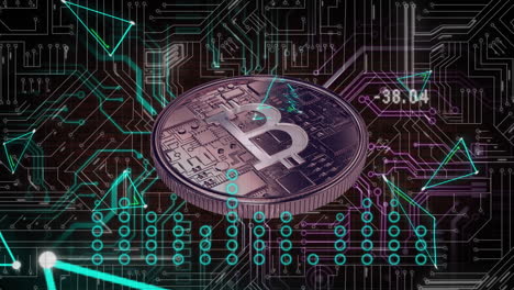 animación del procesamiento de datos financieros a través de placas de circuitos y bitcoin