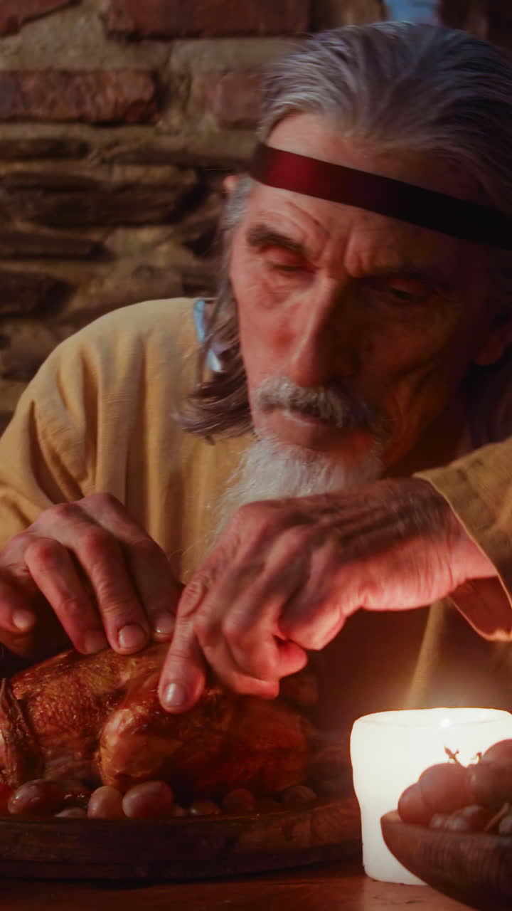 un noble hambriento arranca una pierna de pollo en una cena medieval. un aristócrata maduro come carne de pollo y uva en la mesa de la taberna. un invitado al banquete del rey