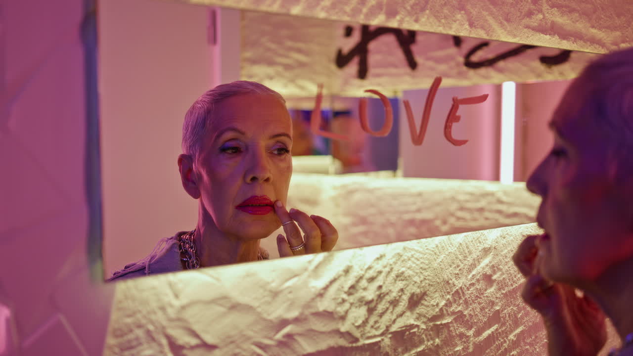 Elderly woman look mirror adjusting makeup closeup. Cool senior lady reflection