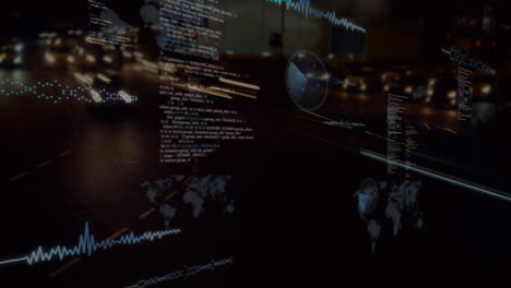 Animation-of-round-scanners-and-data-processing-against-time-lapse-of-city-traffic-at-night