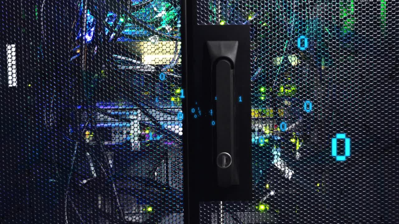 Binary digits materializing and swirling around server handle then fading, illustrating data flow