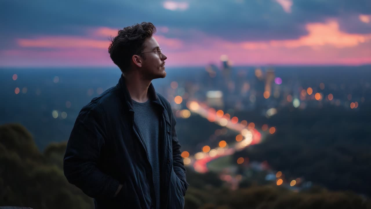 A Young Man Contemplates the Urban Skyline at Dusk, Surrounded by Nature's Beauty and City Lights Creating a Tranquil Yet Dynamic Scene