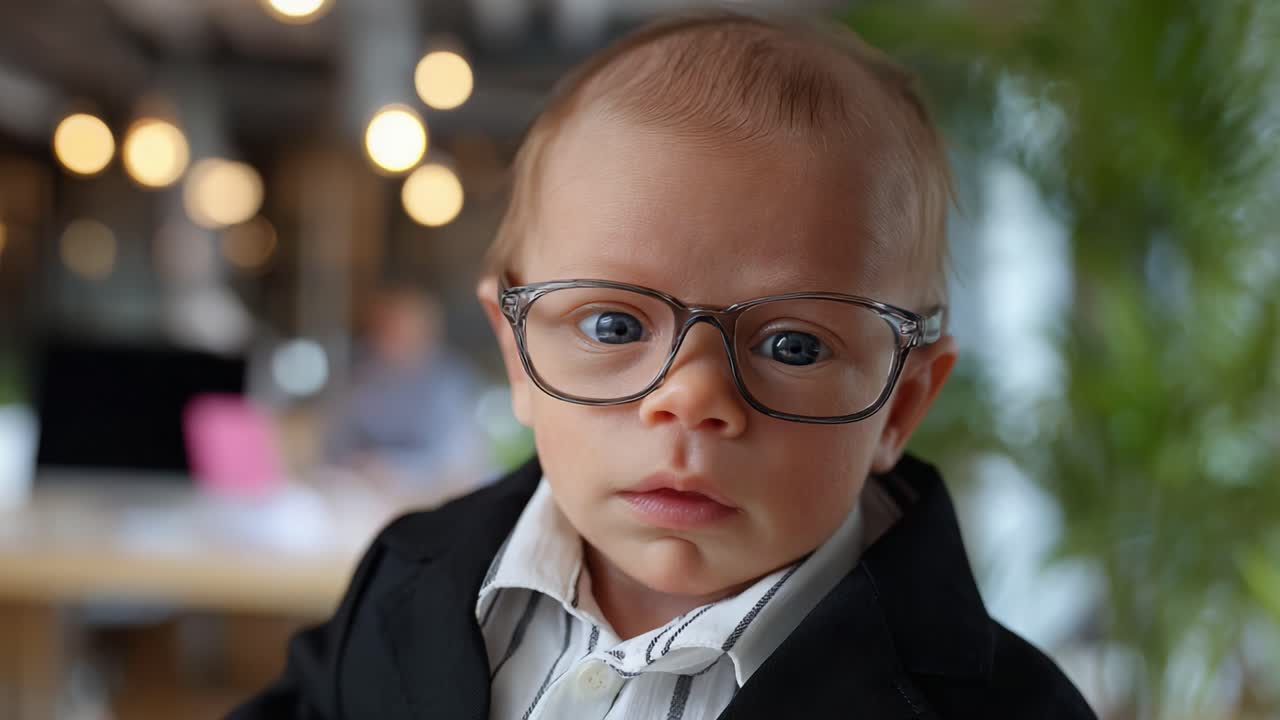 Un bambino piccolo con occhiali alla moda e un abito che esprime sicurezza e curiosità in uno spazio di lavoro interno con un'estetica moderna e una luce di sfondo soffusa