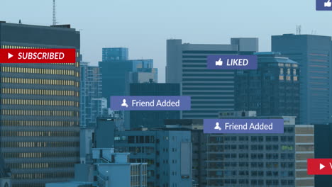 animation of social media icons and text over cityscape