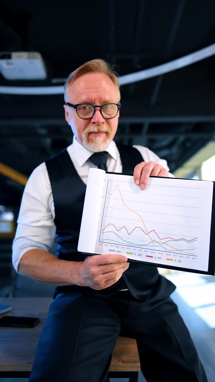 Businessman demonstrates the charts turning them upside down and gesturing positively and negatively. Vertical video.