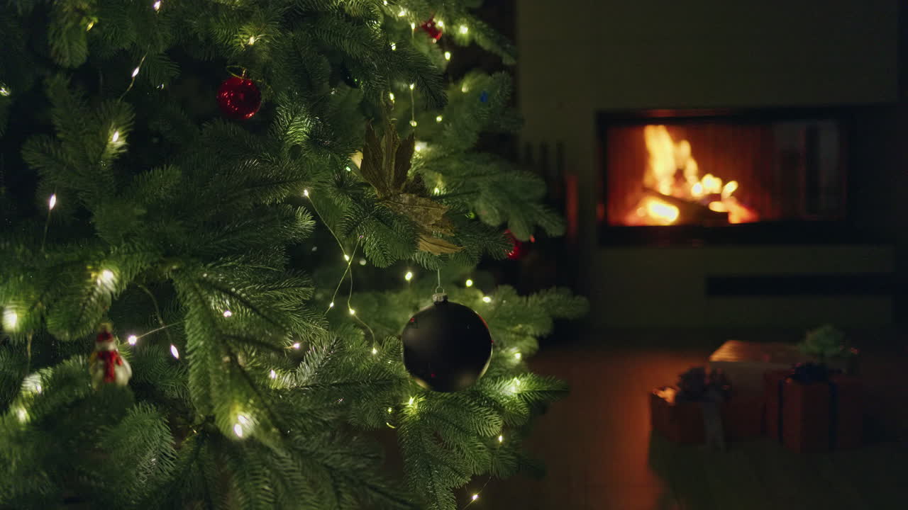 Festive Christmas Tree with Warm Fireplace