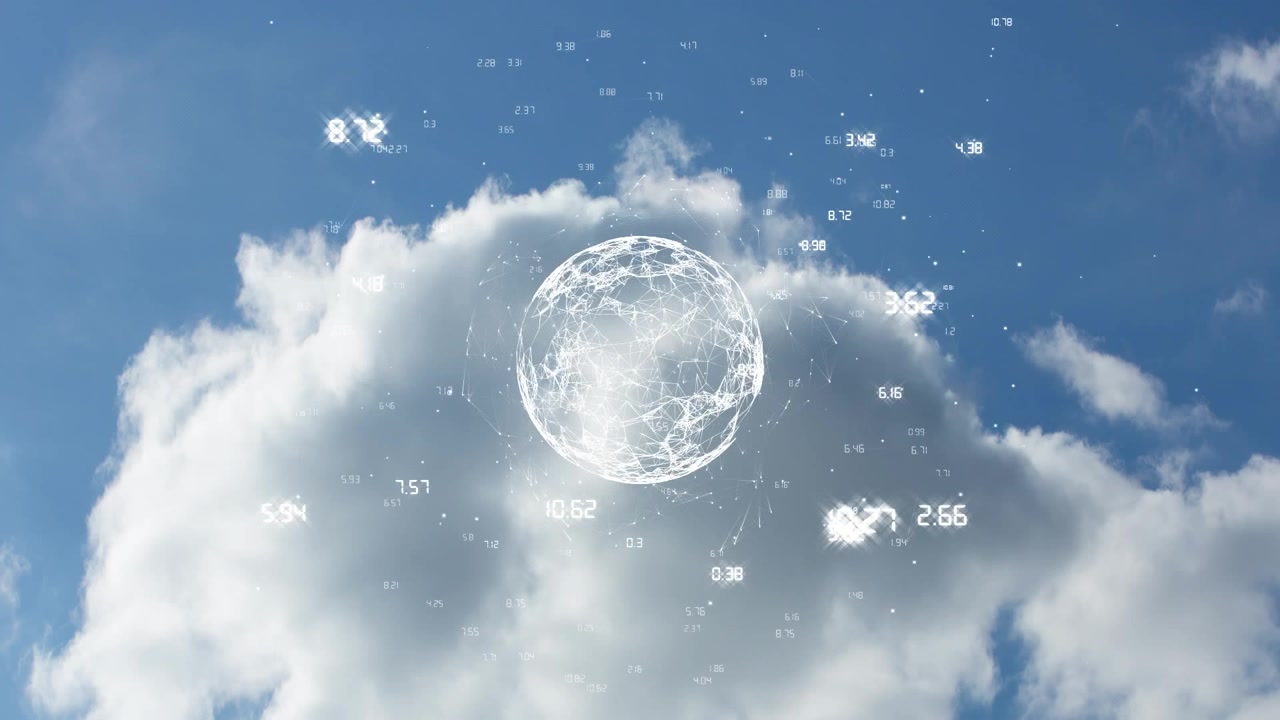 Digitales Globus-Netzwerk schwebend über Wolken am blauen Himmel