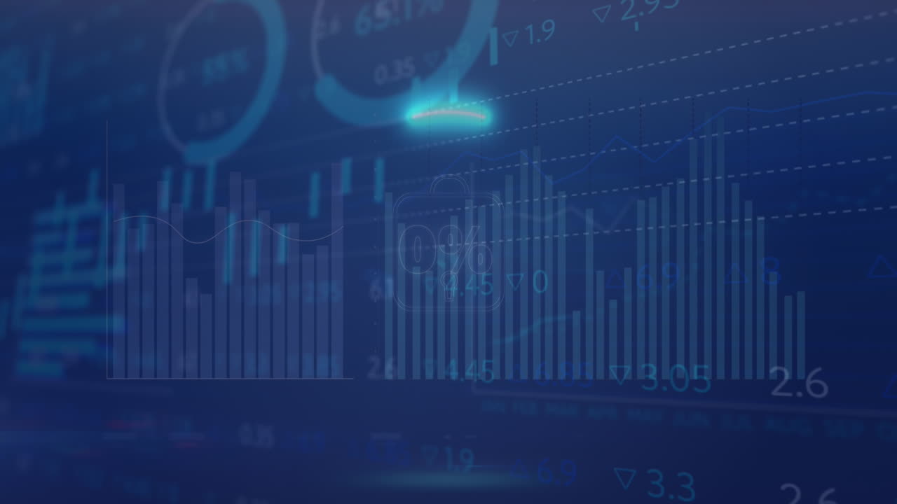 Animation of padlock in circle over multiple graphs, loading circles and trading board in background