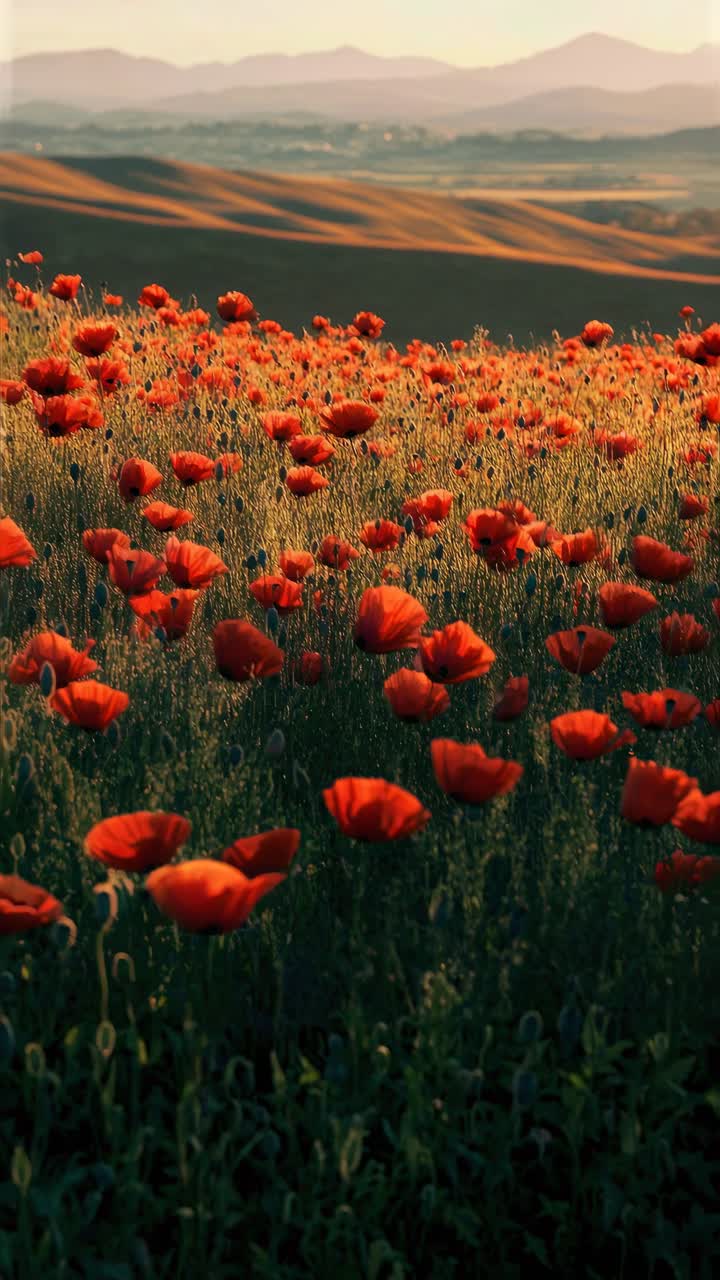 Un sereno video paesaggistico con una ripresa dal basso di un vivace campo di papaveri sotto un dolce tramonto dorato