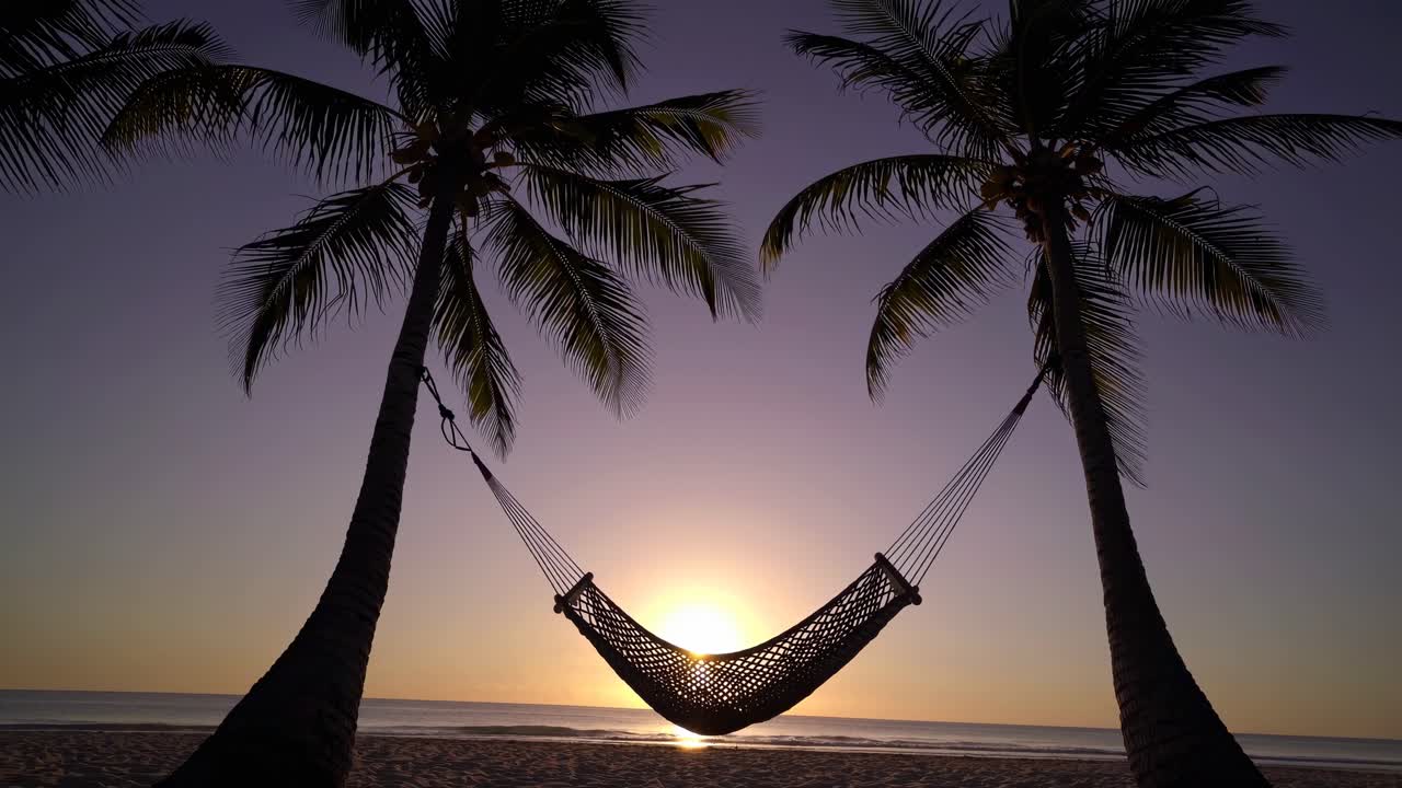 Silhouette of a hammock between two palm trees at sunset, viewed from a low angle