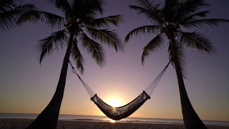 Silhouette of a hammock between two palm trees at sunset, viewed from a low angle