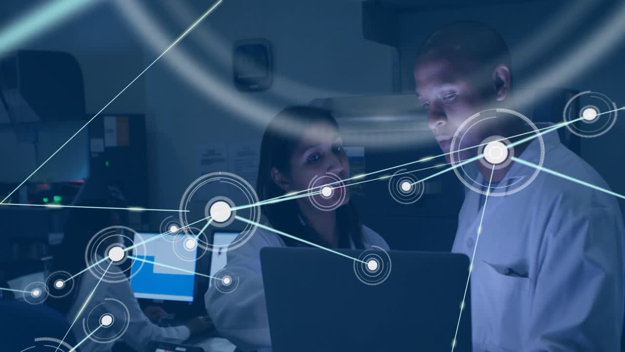 Collaborating scientists using laptop with network connections animation in laboratory