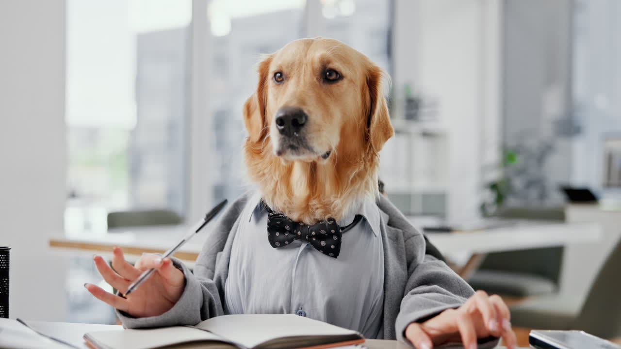 Dog in business attire in an office