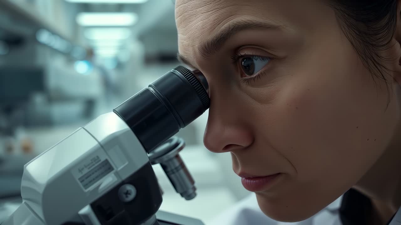 Leaning in, scientist viewing slide at lab bench adjusting microscope focus in lab coat, copy space