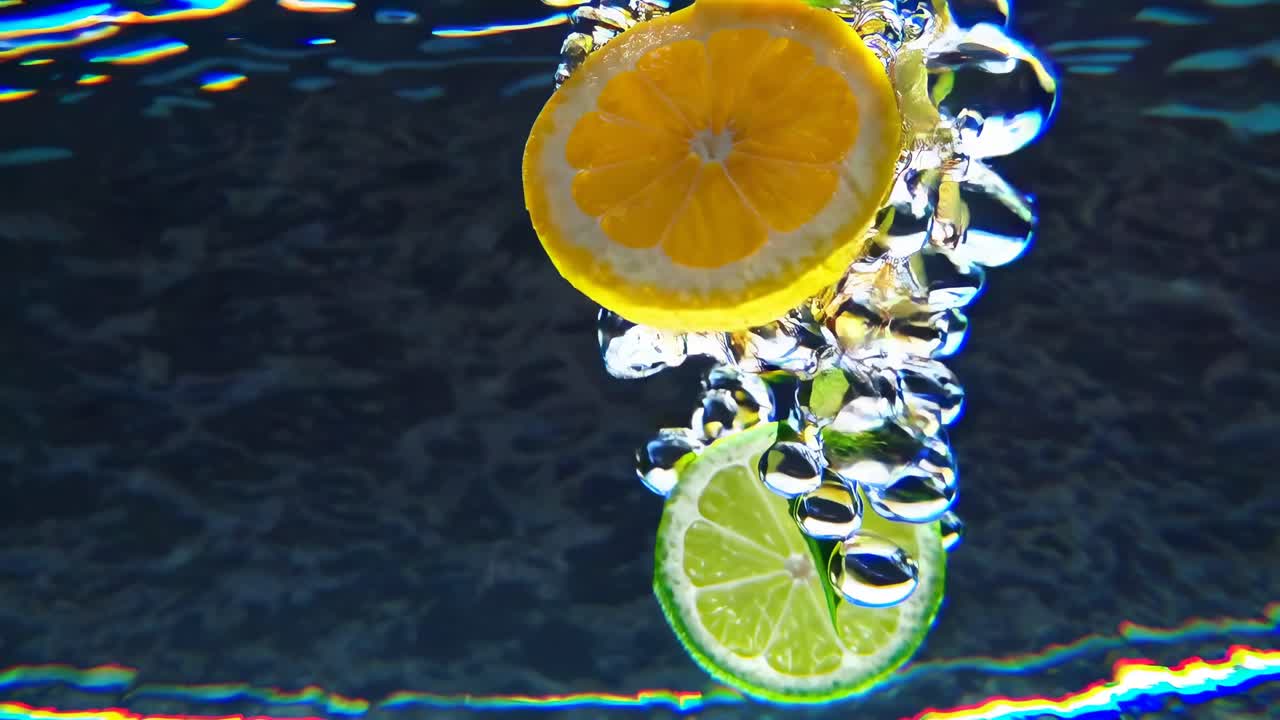 Underwater video shot captures lemon slices and mint leaves with bubbles rising, using a close-up