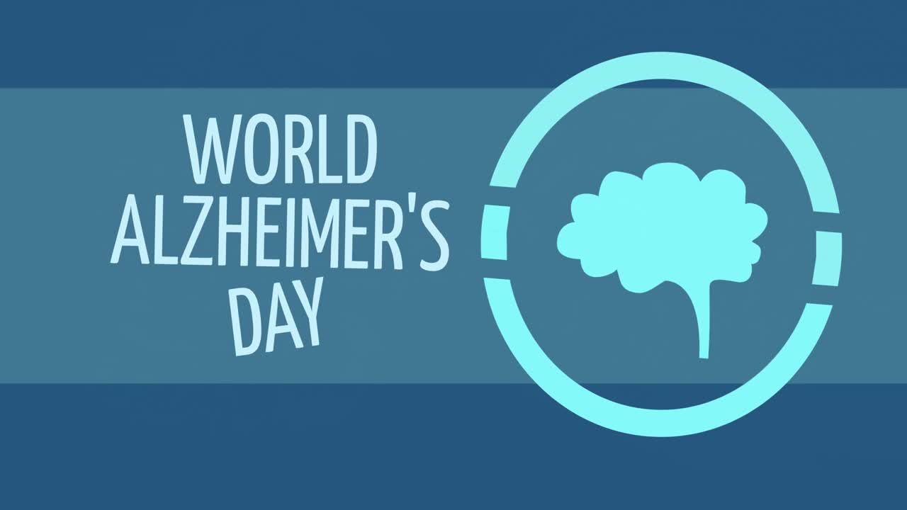 Animation of world alzheimer's day text with brain icon on blue background