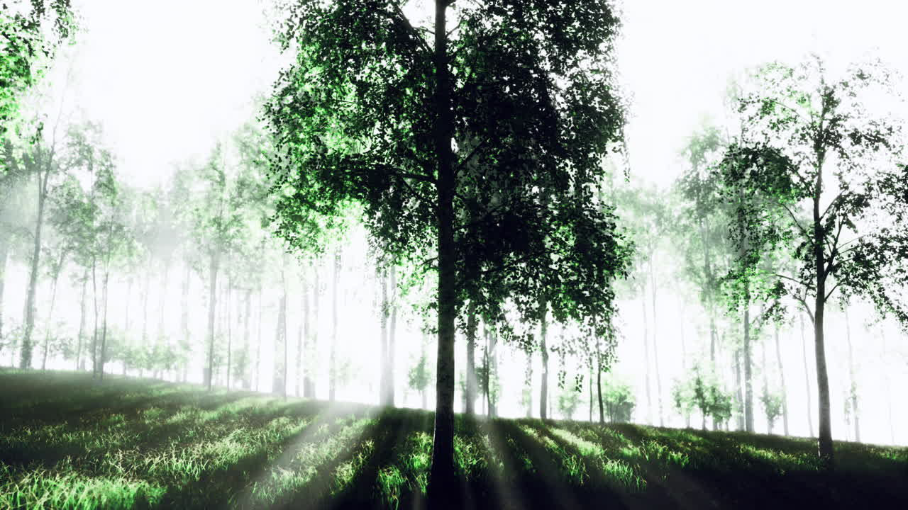 Sunlight filters through trees in a lush forest at dawn