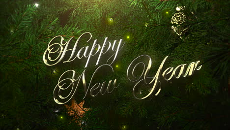 happy new year text with colorful balls and green tree branches 1