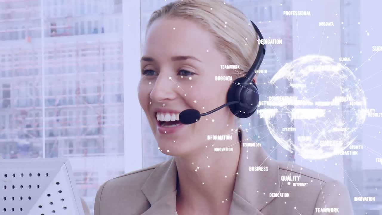 Animation of globe with network of connections over businesswoman using phone headset