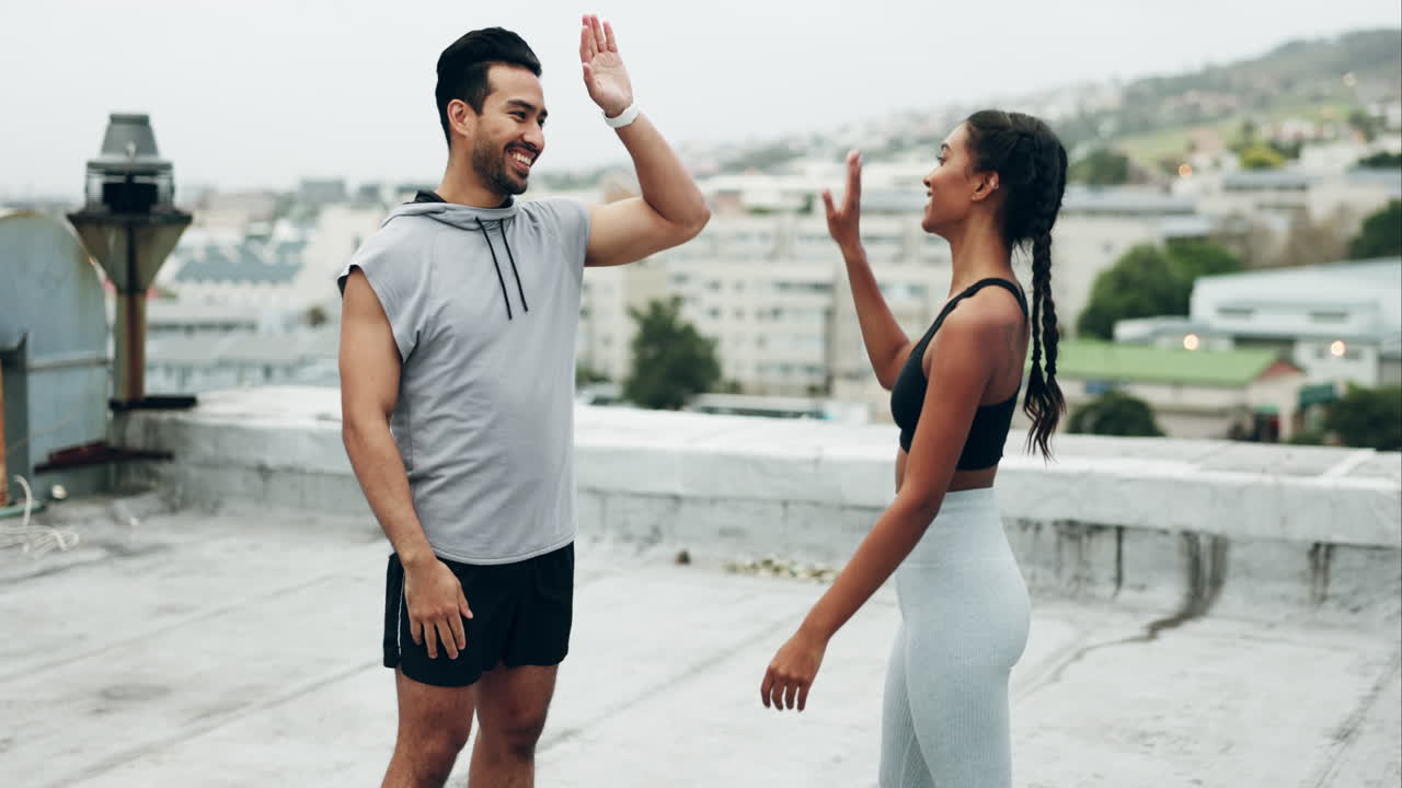 Couple, high five and fitness with exercise