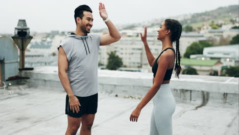 Couple,-high-five-and-fitness-with-exercise