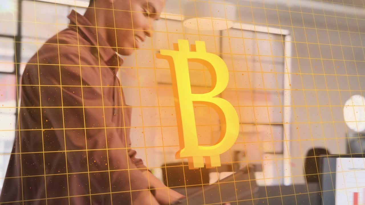 Male coworker entering from right and handling laptop, reviewing crypto charts under Bitcoin grid