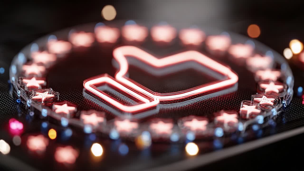 A Bright Neon Thumb-Up Symbol Surrounded by Colorful Stars and Lights, Representing Positive Engagement and Approval in Modern Digital Environments
