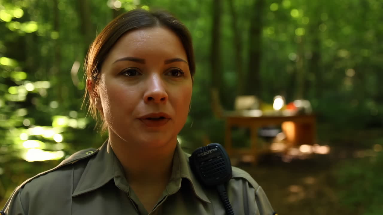 Woman in Uniform with Radio in Forest Setting
