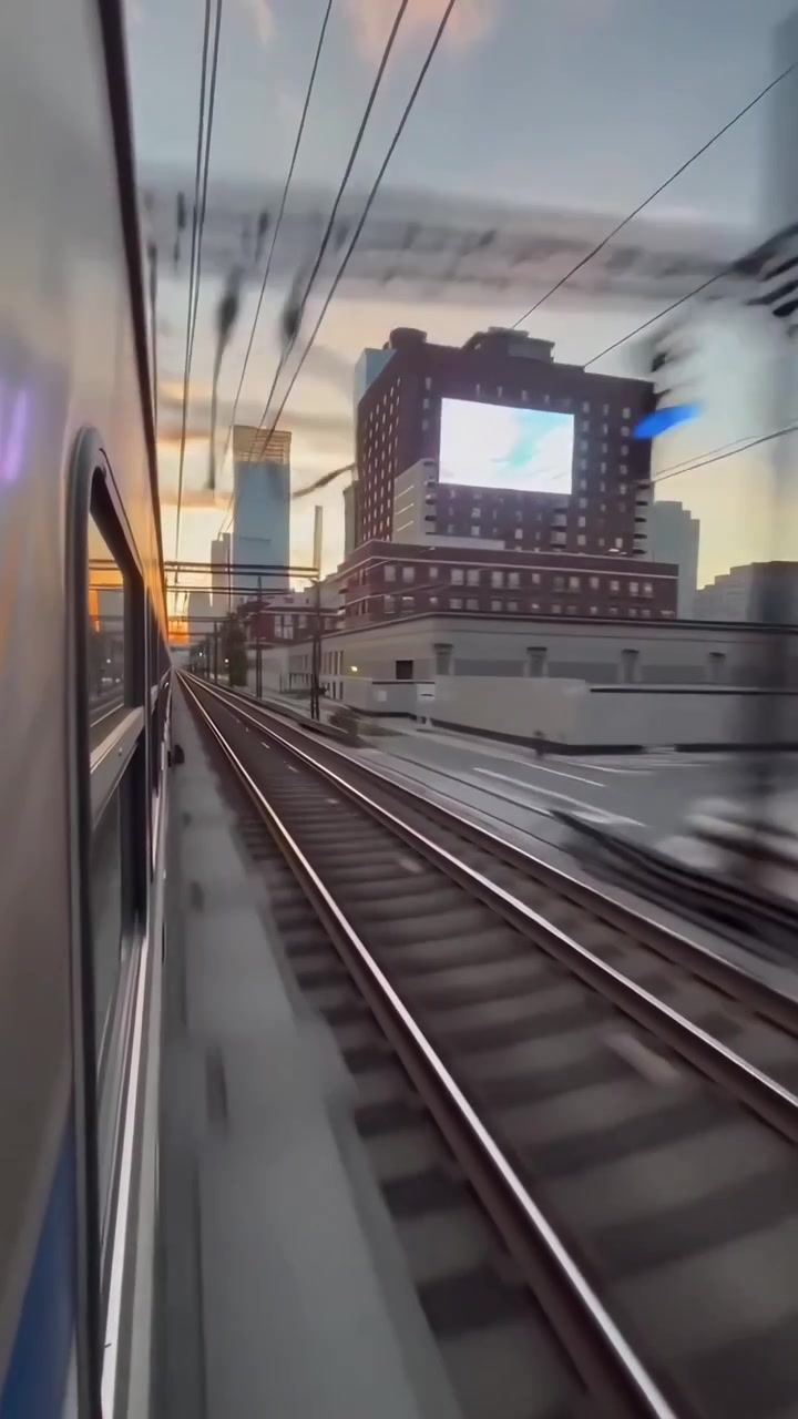 Vista laterale da un treno in movimento attraverso un paesaggio urbano al tramonto
