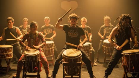 a dynamic ensemble of percussionists captivates audiences with their powerful rhythms and infectious energy in a stunning performance under soft lighting