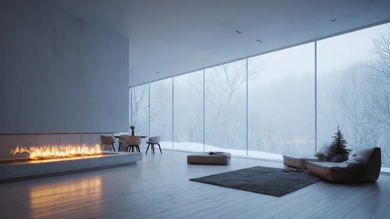 Minimalist Winter Living Room with Modern Aesthetics and Warm Fireplace, Featuring Large Windows to Enjoy Snowy Landscape Views, Offering a Cozy and Inviting Atmosphere Perfect for Relaxation or Gathering
