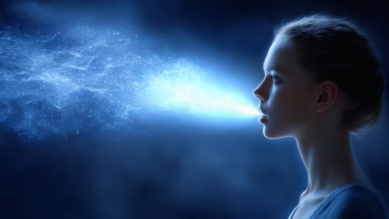 A Mystical Exploration of Breath and Matter: An Ethereal Portrait Capturing the Essence of Energy Emanating from a Young Woman's Exhalation Amidst a Cosmic Background