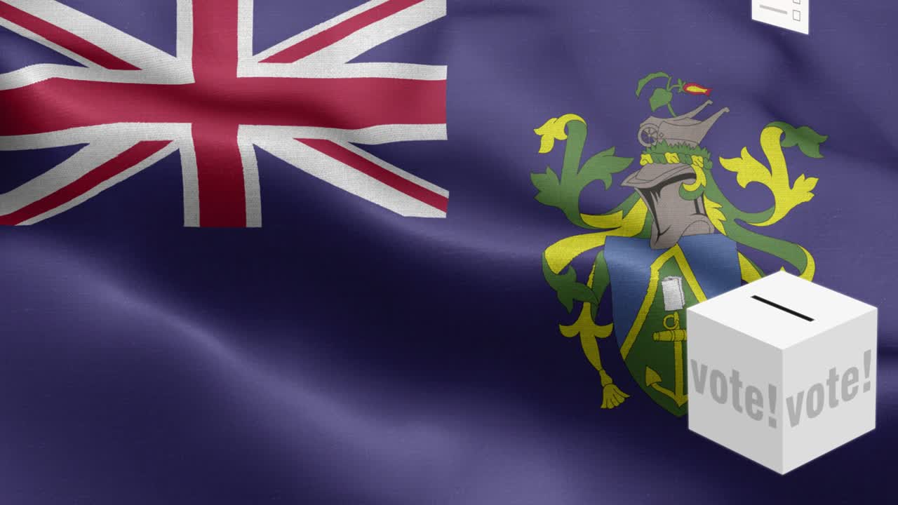 피트케인 섬 선택에 대한 투표용지가 박스에 날아갑니다. 발 앞에 있는 투표용지. 선거. 투표. 피트 케인 섬의 발.