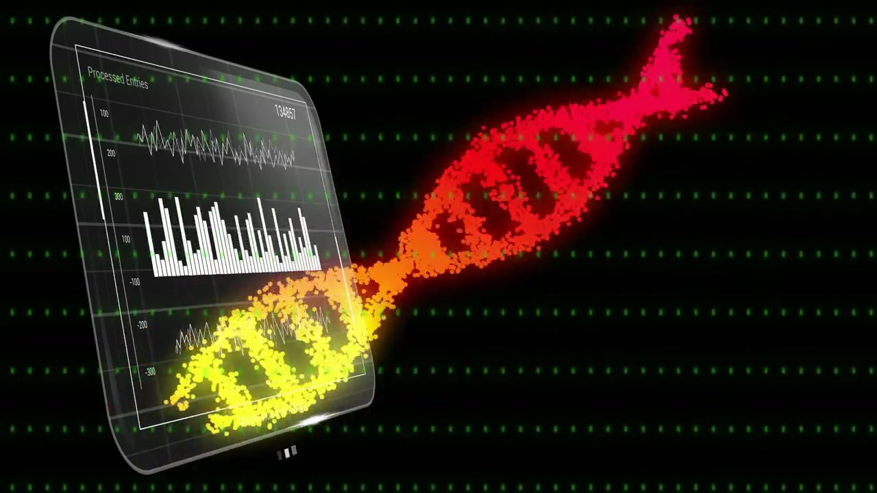 Glitch verdi che avviano un tablet che emette flussi dal giallo al rosso, formando un'elica di DNA rotante per i dati.