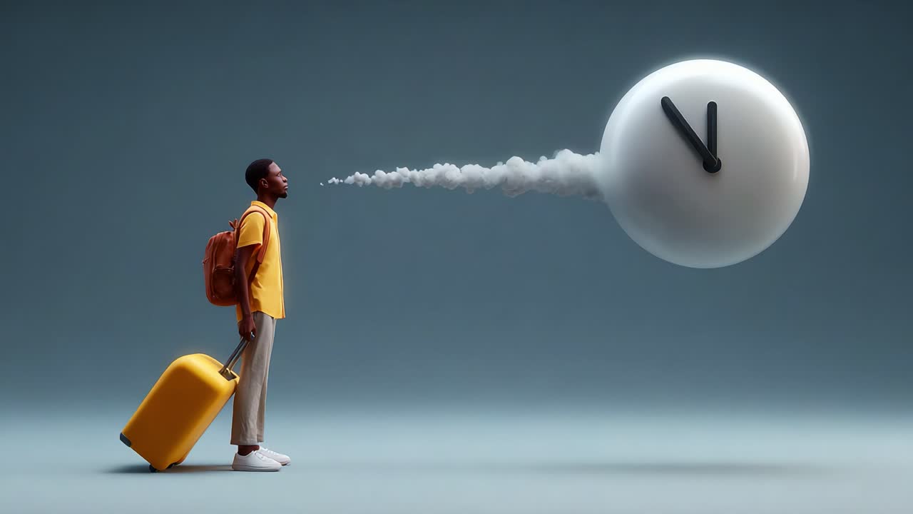 A reflective traveler with a yellow suitcase gazes at a floating clock, symbolizing the passage of time and the journey of life, with clouds representing thoughts and dreams