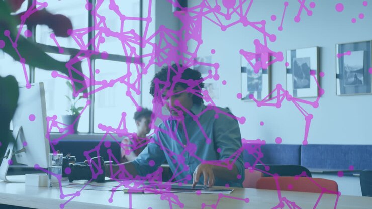 Animation of network of connections and data processing over business people in office