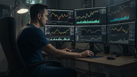 analyzing market trends: a focused trader engaged with multiple screens displaying financial data and charts for insightful decision making