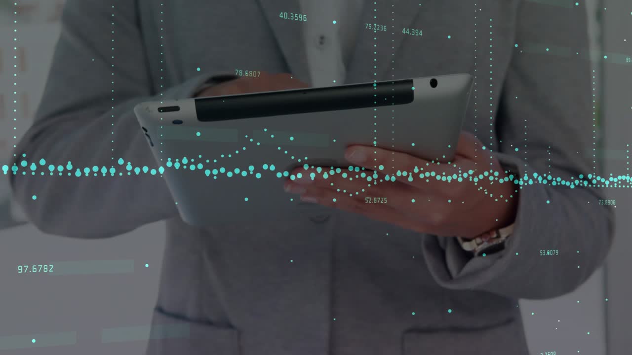 Businessman tapping tablet, shifting graph swiping data tapping right side visualizing data overlay