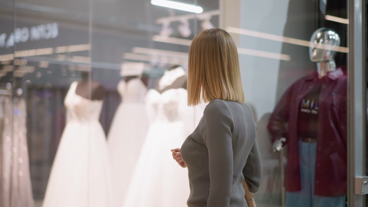 Woman with shoulder length hair browses clothing store observing mannequins and hanging garments. Woman wears fitted gray top while holding her hand near chest level in indoor retail