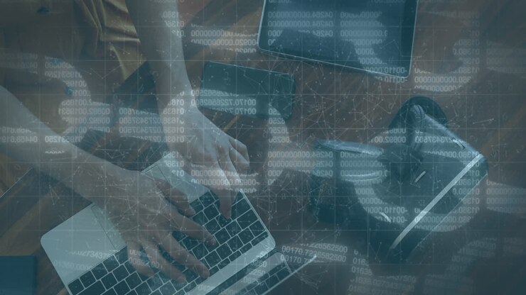 Animation of chain icons over caucasian woman using laptop