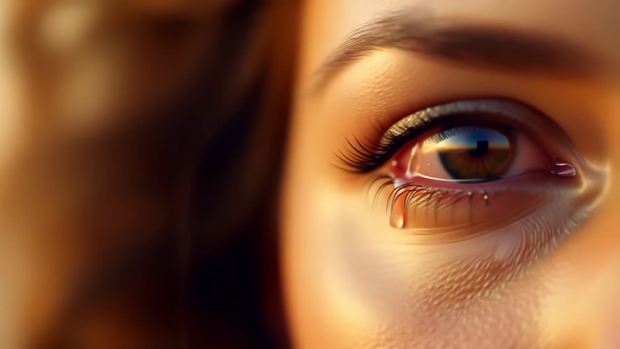 A close-up of a human eye with a tear