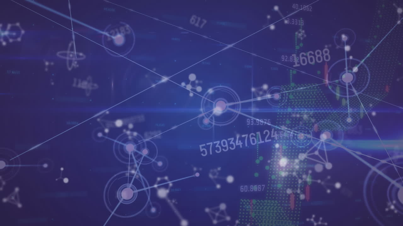 Animazione di elaborazione dati su rete di connessioni su sfondo viola