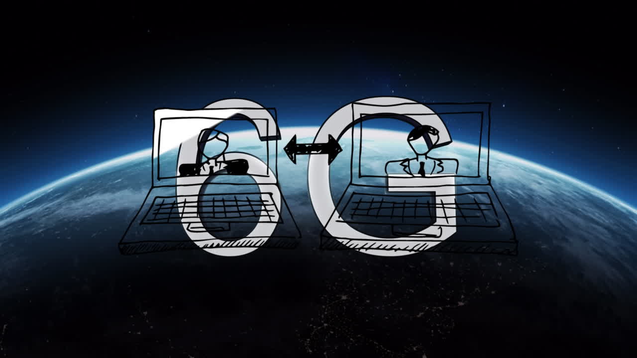 animación ir computadoras portátiles y 6g sobre el globo girando en el espacio