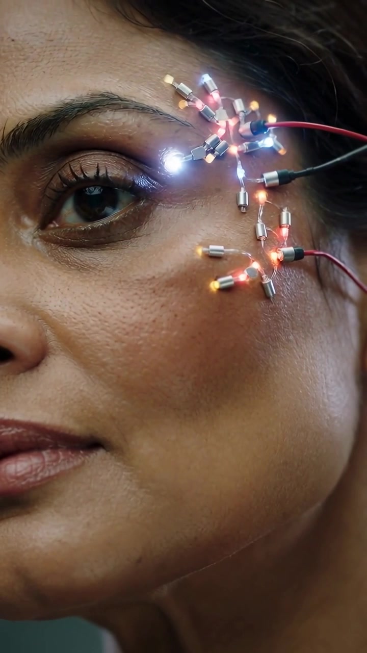 Vertical video: Activating device on right temple of Indian woman in studio, LEDs pulsing for test
